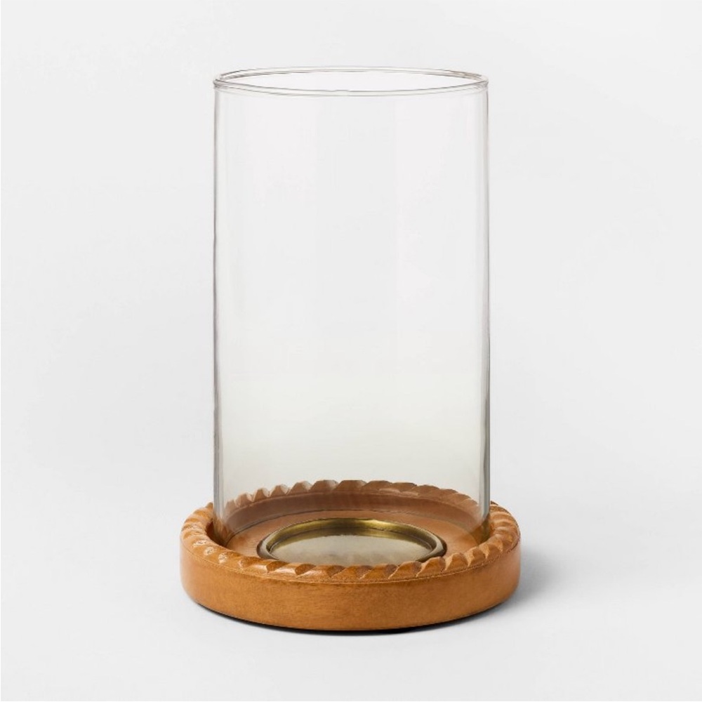 Small Wood and Glass Hurricane Candle Holder Tan - Threshold with Studio McGee